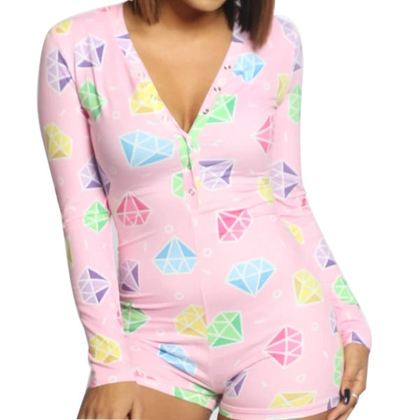 Women's Printed V Neck Leotard Jumpsuit Sleepwear Short Romper Bodysuit Pajama